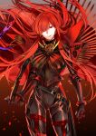  1girl bodysuit buster_shirt cape chain collared_cape family_crest fate/grand_order fate_(series) hair_over_one_eye highres holding holding_sword holding_weapon looking_at_viewer medallion oda_nobunaga_(fate) oda_nobunaga_(maou_avenger)_(fate) oda_uri parted_lips popped_collar red_cape red_eyes red_lips redhead solo standing sword takashi_(huzakenna) tight_top weapon 