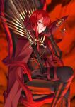  1girl befe black_bodysuit bodysuit cape chain chair collared_cape family_crest fate/grand_order fate_(series) full_body hair_over_one_eye hand_on_own_cheek hand_on_own_face highres looking_down medallion oda_nobunaga_(fate) oda_nobunaga_(maou_avenger)_(fate) oda_uri on_chair parted_lips popped_collar red_background red_cape red_eyes red_theme redhead sitting smirk solo tight_top 