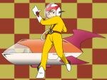  blue_eyes bodysuit brown_hair chargeman_ken! e_saiba gloves helmet izumi_ken mach_go_go_go parody retro_artstyle simple_background white_gloves yellow_bodysuit 