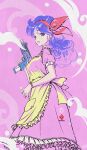  1girl apron bow_hairband breasts curly_hair dragon_ball dragon_ball_(classic) dress finger_on_trigger frilled_apron frilled_dress frills gun hairband highres holding holding_gun holding_weapon imi_uzi kanchiyo long_hair looking_at_viewer looking_back lunch_(dragon_ball) lunch_(good)_(dragon_ball) medium_breasts pinky_out purple_hair red_hairband smoke smoking_gun solo submachine_gun violet_eyes weapon wrist_straps 