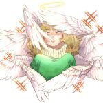  1girl angel battan8 blonde_hair eyelashes feathered_wings green_sweater head_wings highres long_hair looking_at_viewer mole mole_under_eye original red_lips solo sparkle straight-on sweater turtleneck turtleneck_sweater upper_body white_background white_wings wings 