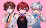  3boys absurdres ahoge blue_eyes blush bow bowtie brown_hair character_request commentary_request copyright_request cord_pull crime_prevention_buzzer green_eyes heterochromia highres looking_at_viewer male_focus multicolored_hair multiple_boys nanin necktie pink_background redhead shirt shukusei!!_loli-gami_requiem streaked_hair sweater_vest violet_eyes white_shirt 