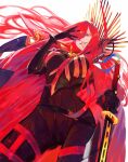  1girl absurdres black_bodysuit bodysuit cape chain collared_cape cowboy_shot dutch_angle evil_grin evil_smile family_crest fate/grand_order fate_(series) grin hair_over_one_eye highres holding holding_sword holding_weapon katana long_hair medallion oda_nobunaga_(fate) oda_nobunaga_(maou_avenger)_(fate) oda_uri popped_collar red_cape red_eyes redhead simple_background smile solo standing sword tight_top weapon white_background yamamayuga472 