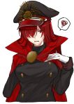 1girl alternate_costume cape family_crest fate/grand_order fate_(series) gloves hand_on_own_chest hat highres long_sleeves looking_at_viewer military_hat nakazaki_nozomu oda_nobunaga_(fate) oda_nobunaga_(maou_avenger)_(fate) oda_uri parted_lips peaked_cap red_cape red_eyes redhead simple_background solo squiggle white_background white_gloves 