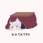  1girl :3 animal_ear_fluff animal_ears arknights cat_ears cat_girl chibi closed_mouth commentary green_eyes grey_hair highres kotatsnail kotatsu rosmontis_(arknights) simple_background solo someyaya symbol-only_commentary table under_kotatsu under_table white_background 
