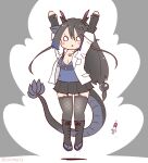  1girl animal_ears black_dragon_(kemono_friends) black_hair boots coat coroha dragon_girl dragon_horns dragon_tail elbow_gloves extra_ears fingerless_gloves full_body gloves grey_background horns jumping kemono_friends kemono_friends_3 long_hair looking_at_viewer shirt simple_background skirt solo tail thigh-highs white_coat 