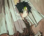  1boy ahoge black_hair brown_shirt curtains detached_ahoge green_eyes korean_commentary looking_to_the_side multicolored_hair open_mouth original seeshin_see shirt simple_background solo_focus sweatdrop two-tone_hair 