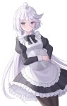  1girl absurdres ahoge alternate_costume apron arm_behind_back black_bow black_bowtie black_dress bow bowtie closed_mouth dress enmaided grey_eyes grey_hair gundam gundam_suisei_no_majo hair_between_eyes highres long_hair long_sleeves looking_at_viewer maid maid_apron maid_headdress miorine_rembran seungju_lee simple_background solo standing white_apron white_background 