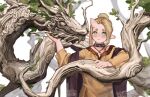  artist_name blonde_hair blush chinese_zodiac choker dragon green_eyes hair_bun happy_new_year horns jewelry leaf nashidrop necklace original outdoors pear_(nashidrop) pointy_ears single_horn skin-covered_horns standing thick_eyebrows tooth_necklace tree white_background year_of_the_dragon 