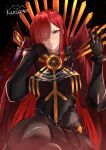  black_bodysuit bodysuit cape chain collared_cape crossed_legs family_crest fate/grand_order fate_(series) hair_over_one_eye hand_on_own_cheek hand_on_own_face highres kurozawa_yui medallion oda_nobunaga_(fate) oda_nobunaga_(maou_avenger)_(fate) oda_uri popped_collar red_cape red_eyes redhead sitting smile tight_top 