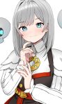  1girl absurdres akershus_fortress_(oshiro_project) black_dress blue_eyes blush bob_cut closed_mouth collared_shirt dot_nose dress floating_skull grey_hair hand_to_own_mouth hand_up highres long_sleeves looking_at_viewer morumoru_x oshiro_project:re red_nails shirt short_hair simple_background skull sleeveless sleeveless_dress smile solo upper_body white_background white_shirt 