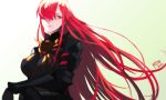  1girl black_bodysuit bodysuit expressionless family_crest fate/grand_order fate_(series) hair_over_one_eye highres long_hair looking_at_viewer medallion moedredd oda_nobunaga_(fate) oda_nobunaga_(maou_avenger)_(fate) oda_uri red_eyes redhead simple_background solo tight_top upper_body very_long_hair 