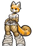  1girl aggressive_retsuko black_claws black_eyes body_markings breasts brown_fur crop_top facial_mark fishnet_thighhighs fishnets full_body furry furry_female highres large_breasts orange_fur raccoon_girl retsuko shoes shorts solls0ll tail thick_thighs thigh-highs thighs white_footwear white_fur 