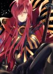  1girl black_bodysuit bodysuit cape chain collared_cape family_crest fate/grand_order fate_(series) hair_over_one_eye looking_at_viewer medallion oda_nobunaga_(fate) oda_nobunaga_(maou_avenger)_(fate) oda_uri popped_collar red_cape red_eyes redhead sitting solo tight_top tokiwa_akane upper_body 