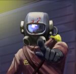  2others black_gloves dragging gloves glowing glowing_eyes hazmat_suit helmet holding indoors jumpsuit lethal_company looking_at_another monster multiple_others orange_jumpsuit oxygen_mask oxygen_tank pointing railing rainy_sayu reflective_visor strap tube worker_(lethal_company) 