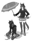  2girls 68er animal_ears beanie breasts breath buttons cat closed_mouth double-breasted ears_through_headwear greyscale hand_on_own_hip hat highres holding holding_umbrella horse_ears horse_girl horse_tail jacket kneeling korean_commentary long_hair long_sleeves looking_at_another medium_breasts mixed-language_commentary monochrome multiple_girls nakayama_festa_(umamusume) rain shadow shoes sirius_symboli_(umamusume) skirt standing tail thigh-highs umamusume umbrella 