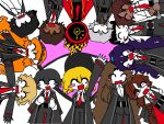  1other 6+boys 6+girls arm_up black_coat black_pants black_vest blonde_hair blue_hair blush_stickers brown_hair chocolateplushy coat collared_shirt dante_(limbus_company) don_quixote_(project_moon) faust_(project_moon) gregor_(project_moon) heathcliff_(project_moon) hong_lu_(project_moon) ishmael_(project_moon) koishi_komeiji&#039;s_heart-throbbing_adventure limbus_company long_hair meursault_(project_moon) multiple_boys multiple_girls necktie open_mouth outis_(project_moon) pants parody project_moon rodion_(project_moon) ryoshu_(project_moon) shirt short_hair sinclair_(project_moon) smile touhou very_long_hair vest white_shirt yi_sang_(project_moon) 