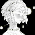  1girl braid circlet closed_eyes closed_mouth crown_braid earrings eyelashes forehead_jewel highres jewelry jungujun light_particles lips monochrome necklace pointy_ears portrait princess_zelda short_hair sidelocks simple_background solo the_legend_of_zelda 