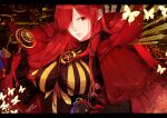  1girl black_bodysuit bodysuit bug butterfly cape chain collared_cape family_crest fate/grand_order fate_(series) hair_over_one_eye hand_in_own_hair highres light_smile looking_at_viewer medallion oda_nobunaga_(fate) oda_nobunaga_(maou_avenger)_(fate) oda_uri parted_lips popped_collar portrait red_cape red_eyes redhead solo tight_top toki_(dokitoki) 