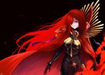  1girl absurdres black_background black_bodysuit bodysuit cape chain closed_mouth collared_cape cowboy_shot family_crest fate/grand_order fate_(series) hair_over_one_eye highres medallion oda_nobunaga_(fate) oda_nobunaga_(maou_avenger)_(fate) oda_uri peppertomo popped_collar red_cape red_eyes redhead simple_background smile solo standing tight_top 