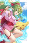  1girl :d absurdres bare_shoulders blush border bracelet dragon dragon_girl dress fire_emblem fire_emblem:_mystery_of_the_emblem green_eyes green_hair hair_ornament hako_momiji highres jewelry long_hair looking_at_viewer open_mouth pink_dress pointy_ears ponytail ribbon short_dress side_slit smile solo tiara tiki_(dragon)_(fire_emblem) tiki_(fire_emblem) tiki_(young)_(fire_emblem) white_border 