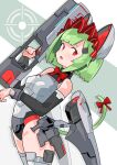  1girl absurdres animal_ears armored_legwear artery_gear artery_gear:_fusion bare_shoulders bodysuit breasts cat_ears cat_tail detached_sleeves green_hair green_tail grey_bodysuit gun highres holding holding_gun holding_weapon maid_headdress mechanical_ears medium_hair meko_(artery_gear) neck_ribbon red_eyes red_headwear red_ribbon ribbon rigging sidelocks skin_tight small_breasts solo tail tail_ornament tail_ribbon watasi_ch3 weapon 