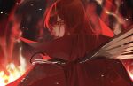 1girl cape collared_cape fate/grand_order fate_(series) fire glaring gotronix hair_over_one_eye long_hair looking_at_viewer looking_back oda_nobunaga_(fate) oda_nobunaga_(maou_avenger)_(fate) portrait red_cape red_eyes red_theme redhead solo 