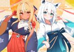  2girls absurdres ahoge animal_ears aqua_eyes blonde_hair blue_kimono blue_skirt blush breasts closed_mouth commentary_request dark-skinned_female dark_skin elf fox_ears fox_girl furisode gloves gradient_clothes gradient_kimono hair_between_eyes hakama hakama_skirt hand_on_own_ear high-waist_skirt highres hololive japanese_clothes kimono large_breasts long_hair medium_breasts multicolored_hair multiple_girls obi pointing pointing_at_self pointy_ears red_eyes red_gloves red_skirt sash sen_(sen42724788) shirakami_fubuki shirakami_fubuki_(new_year) shiranui_flare shiranui_flare_(new_year) shirt sidelocks skirt smile streaked_hair undershirt upper_body virtual_youtuber white_hair white_kimono white_shirt 