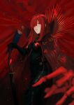  1girl black_bodysuit bodysuit cape collared_cape family_crest fate/grand_order fate_(series) fishofthelakes hair_between_eyes highres long_sleeves looking_at_viewer oda_nobunaga_(fate) oda_nobunaga_(maou_avenger)_(fate) oda_uri popped_collar red_cape red_eyes red_theme redhead solo standing 