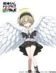  1girl 4frogsinc angel angel_wings bike_shorts black_shorts blonde_hair blush closed_eyes closed_mouth hairband halo jashin-chan_dropkick pekora_(jashin-chan_dropkick) praying short_hair shorts simple_background smile solo white_background wings 