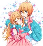  1boy 1girl absurdres artist_name asgykk blonde_hair blue_eyes blue_gloves blue_shirt blush brother_and_sister dress gloves hair_between_eyes highres hoshino_aquamarine hoshino_ruby long_hair long_sleeves looking_at_viewer one_eye_closed open_mouth oshi_no_ko pink_dress pink_eyes pink_gloves shirt short_hair siblings star-shaped_pupils star_(symbol) symbol-shaped_pupils tongue tongue_out twins twitter_username 