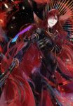  1girl black_bodysuit bodysuit cape chain collared_cape cowboy_shot family_crest fate/grand_order fate_(series) fire hair_over_one_eye highres hiwa04 holding holding_sword holding_weapon katana looking_at_viewer medallion oda_nobunaga_(fate) oda_nobunaga_(maou_avenger)_(fate) oda_uri parted_lips popped_collar red_cape red_eyes redhead solo sword tight_top weapon 