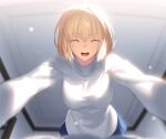  1girl arcueid_brunestud blonde_hair breasts closed_eyes dress game_cg indoors jewelry necklace official_art short_hair smile solo takeuchi_takashi tsukihime tsukihime_(remake) turtleneck turtleneck_dress white_dress 