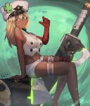  1girl absurdres bandaged_arm bandages bare_shoulders clover dark-skinned_female dark_skin four-leaf_clover green_background guilty_gear guilty_gear_strive highres katsu_(katsuslider) looking_to_the_side orange_eyes ramlethal_valentine red_bandage short_shorts shorts sleeveless solo thigh_strap white_shorts 