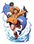  1girl absurdres anchor bike_shorts cabbie_hat dolphin fingerless_gloves gloves guilty_gear guilty_gear_strive hankuri hat hat_ornament highres holding holding_anchor hood hoodie jacket may_(guilty_gear) orange_footwear orange_headwear orange_hoodie orange_jacket orange_shirt shirt simple_background skull_and_crossbones skull_hat_ornament solo white_background 
