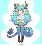  1girl animal_ears black_eyes blue_background blue_dragon_(kemono_friends) blue_hair boots coroha dragon_girl dragon_horns dragon_tail elbow_gloves extra_ears fingerless_gloves full_body gloves horns jumping kemono_friends kemono_friends_3 long_hair looking_at_viewer necktie shirt simple_background skirt sleeveless sleeveless_shirt solo tail thigh-highs 