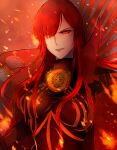  1girl armored_boots black_bodysuit bodysuit boots cape chain collared_cape family_crest fate/grand_order fate_(series) fire hair_over_one_eye looking_at_viewer medallion oda_nobunaga_(fate) oda_nobunaga_(maou_avenger)_(fate) oda_uri parted_lips popped_collar red_cape red_eyes red_theme redhead smirk solo tay_yisiang tight_top upper_body 