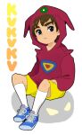  1boy blue_eyes blue_footwear brown_hair chargeman_ken! izumi_ken jacket jiyoko purple_jacket shorts simple_background solo solo_focus yellow_shorts 