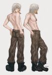  1boy allvdl baggy_pants bishounen blue_eyes boots dante_(devil_may_cry) demon_boy devil_may_cry_(series) devil_may_cry_3 food food_in_mouth highres jewelry long_hair looking_at_viewer male_focus necklace pale_skin pants pizza solo standing topless_male white_hair 