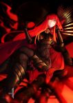  1girl absurdres black_background black_bodysuit bodysuit cape chain collared_cape family_crest fate/grand_order fate_(series) hair_over_one_eye highres kanesaki medallion oda_nobunaga_(fate) oda_nobunaga_(maou_avenger)_(fate) oda_uri popped_collar red_cape red_eyes redhead solo tight_top 