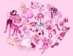  1boy 1other 6+girls absurdres ahoge amy_rose banana bananya bell bishoujo_senshi_sailor_moon black_eyes blonde_hair blue_brooch blue_eyes blush blush_stickers boo_(mario) bright_pupils brooch cat chibi_usa circle_formation clefairy clenched_hands closed_mouth crown dress earrings eyelashes fangs feet flower flower_wreath food fruit furry furry_female hair_bell hair_ornament hand_on_own_face haruno_sakura heart hedgehog_ears hedgehog_girl hedgehog_tail highres holding holding_clothes holding_dress holding_microphone honey_(katamari_damacy) jewelry jigglypuff katamari_damacy kirby kirby_(series) kneehighs kuromi leaning_back limited_palette long_hair loveycloud mad_mew_mew meemee_(super_monkey_ball) mettaton_ex microphone miltank multiple_girls naruto_(series) onegai_my_melody open_mouth outstretched_arms pink_background pink_dress pink_fur pink_hair pokemon pokemon_gsc princess_peach red_eyes red_footwear ribbon robot sailor_chibi_moon sanrio shirt shoes short_sleeves shorts simple_background sleeveless socks sonic_(series) sparkle spread_arms standing standing_on_one_leg star_(symbol) super_mario_bros. super_mario_sunshine super_monkey_ball super_sailor_chibi_moon tail toes tongue tongue_out undertale warp_star white_dress white_pupils whitney_(pokemon) 