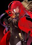  1girl black_background black_bodysuit bodysuit cape chain collared_cape family_crest fate/grand_order fate_(series) hair_over_one_eye highres light_smile long_bangs looking_to_the_side medallion monggu oda_nobunaga_(fate) oda_nobunaga_(maou_avenger)_(fate) oda_uri popped_collar red_cape red_eyes redhead solo tight_top 