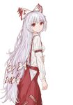  1girl bow breasts cowboy_shot fujiwara_no_mokou grey_hair hair_bow highres kashiwada_kiiho long_hair long_sleeves looking_at_viewer pants parted_lips red_eyes red_pants shirt simple_background sleeve_garter small_breasts solo touhou white_background white_bow white_shirt 