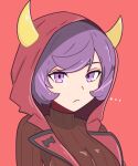  1girl breasts courtney_(pokemon) cowlick dress fake_horns highres hood hooded_vest hoodie horned_headwear horned_hood horns long_sleeves medium_breasts pokemon pokemon_oras purple_hair red_background red_dress ribbed_dress short_dress short_hair solo swept_bangs tavi_(hosheezus) team_magma team_magma_uniform turtleneck_dress upper_body vest violet_eyes 