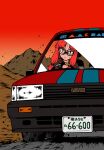  1girl alternate_costume alternate_eye_color alternate_hair_color bespectacled black_eyes brown_shirt car choro-q commentary_request driving glasses gradient_sky kotonoha_akane long_hair looking_ahead low-tied_sidelocks motion_lines motor_vehicle mountainous_horizon nisaka outdoors red_sky redhead serious shirt sidelocks sky solo sweat v-shaped_eyebrows voiceroid 