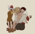  1girl 2boys aged_down black_hair closed_eyes commentary facial_hair full_body hair_rings hat headphones highres l2vxugjvw8t4tqo long_hair monkey_d._luffy multicolored_hair multiple_boys one_piece one_piece_film:_red open_mouth redhead shanks_(one_piece) shirt short_hair simple_background smile split-color_hair straw_hat teeth two-tone_hair uta_(one_piece) white_hair white_shirt 