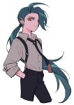  1girl 2023_7_13 black_gloves black_pants blue_hair closed_mouth collared_shirt cropped_legs ear_piercing gloves grey_shirt hair_over_one_eye hand_in_pocket highres long_hair looking_at_viewer pants piercing pokemon pokemon_sv ponytail red_eyes rika_(pokemon) shirt simple_background solo suspenders very_long_hair white_background 