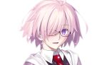  1girl absurdres fate/grand_order fate_(series) game_cg glasses highres hood hoodie mash_kyrielight necktie official_art pink_hair short_hair smile solo takeuchi_takashi violet_eyes 