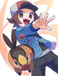  1boy baseball_cap black_eyes black_pants brown_background brown_eyes brown_hair commentary_request cowboy_shot hat highres hilbert_(pokemon) omochi_(omotimotittona3) open_mouth outstretched_arm pants pig poke_ball_print pokemon pokemon_(creature) pokemon_bw short_hair smile snout tail teeth tepig two-tone_background upper_teeth_only white_background 