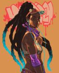  1girl aqua_hair black_hair breasts cable colored_tips commentary cromwaits dark-skinned_female dark_skin dreadlocks earphones earphones elbow_pads english_commentary graffiti highres kimberly_jackson long_hair looking_at_viewer midriff multicolored_hair neckerchief nose official_alternate_costume official_alternate_hairstyle purple_neckerchief small_breasts solo sports_bra street_fighter street_fighter_6 thick_eyebrows thick_lips toned very_dark_skin visor_cap white_sports_bra 